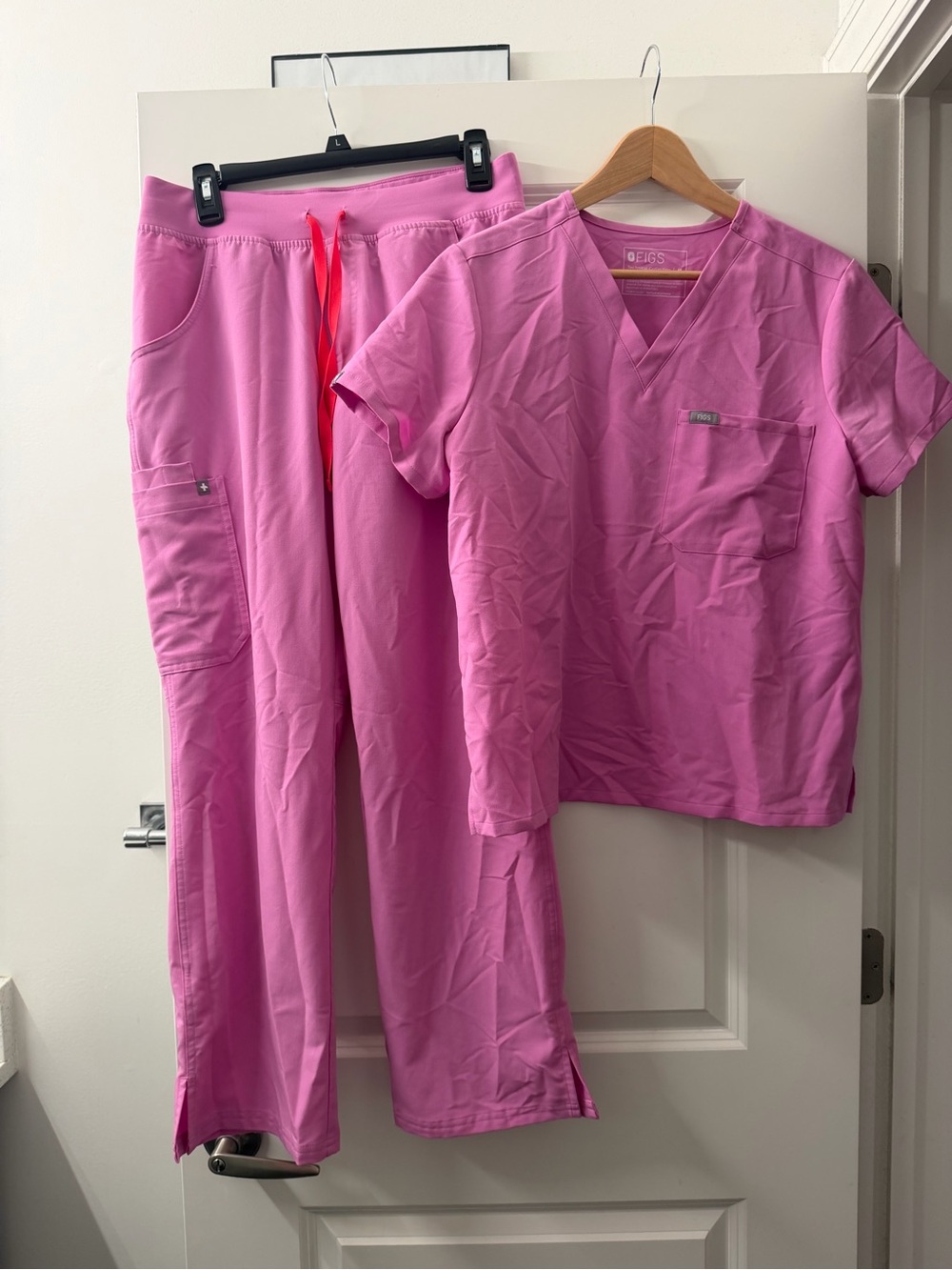 Figs Women's Bright Pink V-Neck Scrub Top with Matching Drawstring Pants